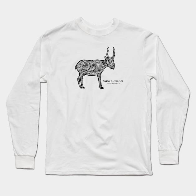 Saiga Antelope with Common and Latin Names - animal design - black and white Long Sleeve T-Shirt by Green Paladin